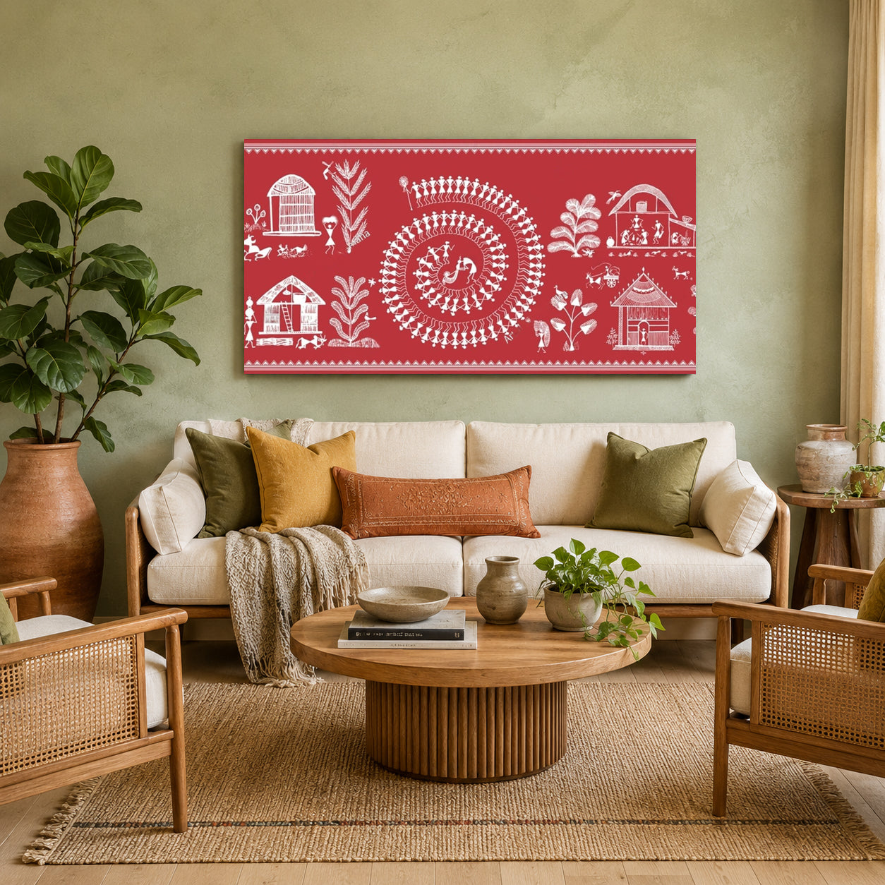 Indian Traditional Wall Art with Tribal Ethnic Folk Canvas Painting