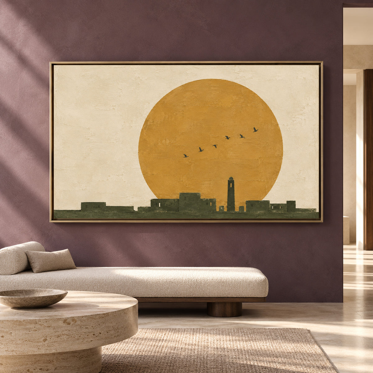 Golden Sun Minimalist Landscape Canvas Art with Olive Green Skyline
