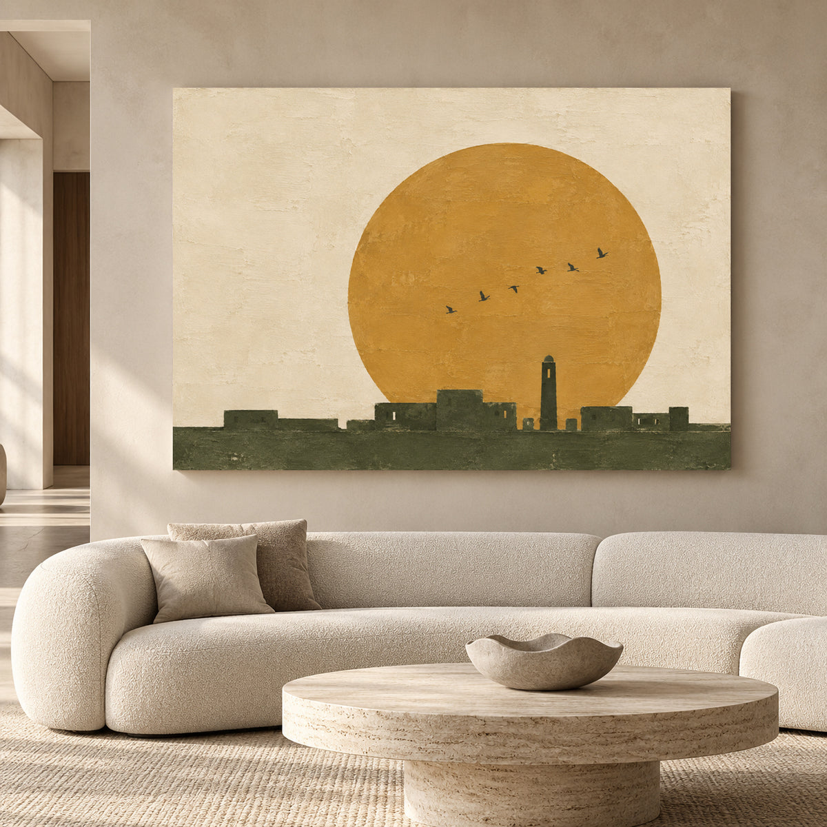 Golden Sun Minimalist Landscape Canvas Art with Olive Green Skyline