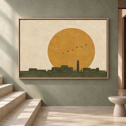 Golden Sun Minimalist Landscape Canvas Art with Olive Green Skyline