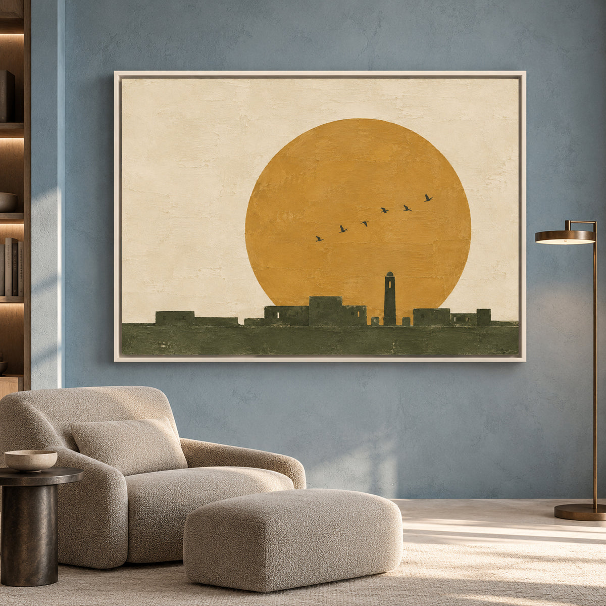 Golden Sun Minimalist Landscape Canvas Art with Olive Green Skyline
