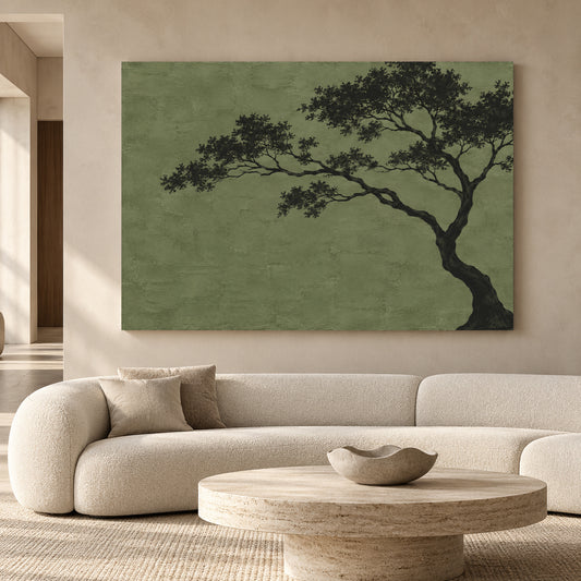 Minimalist Olive Green Tree Canvas Art for Calm Modern Interiors