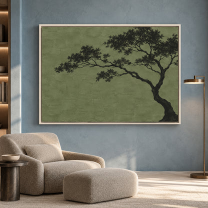 Minimalist Olive Green Tree Canvas Art for Calm Modern Interiors