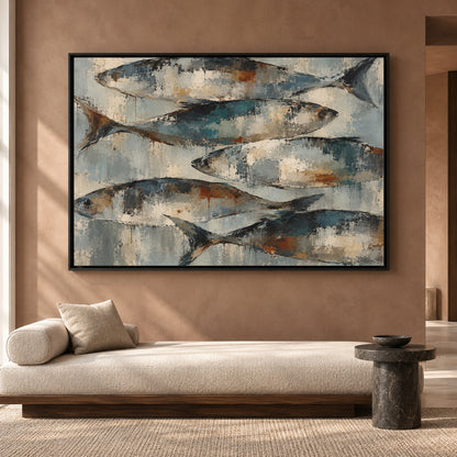 Modern Fish Canvas Art with Rustic Blue and Earthy Tones