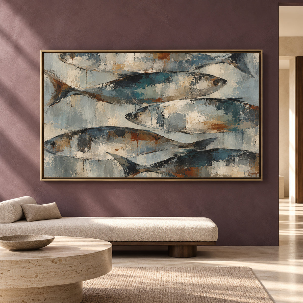 Modern Fish Canvas Art with Rustic Blue and Earthy Tones