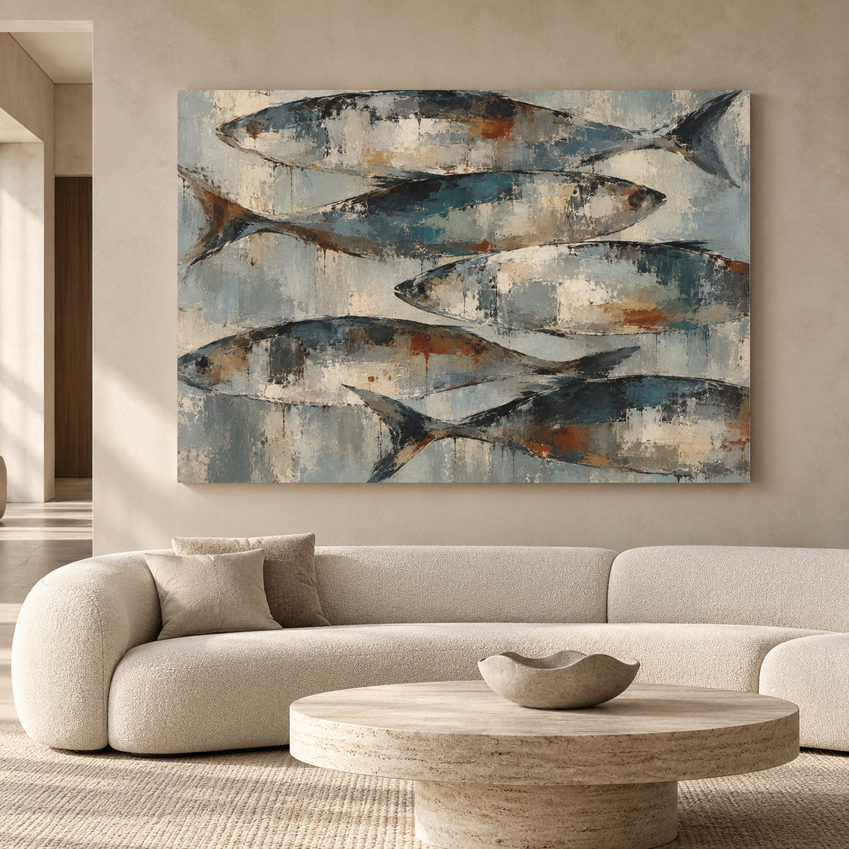 Modern Fish Canvas Art with Rustic Blue and Earthy Tones