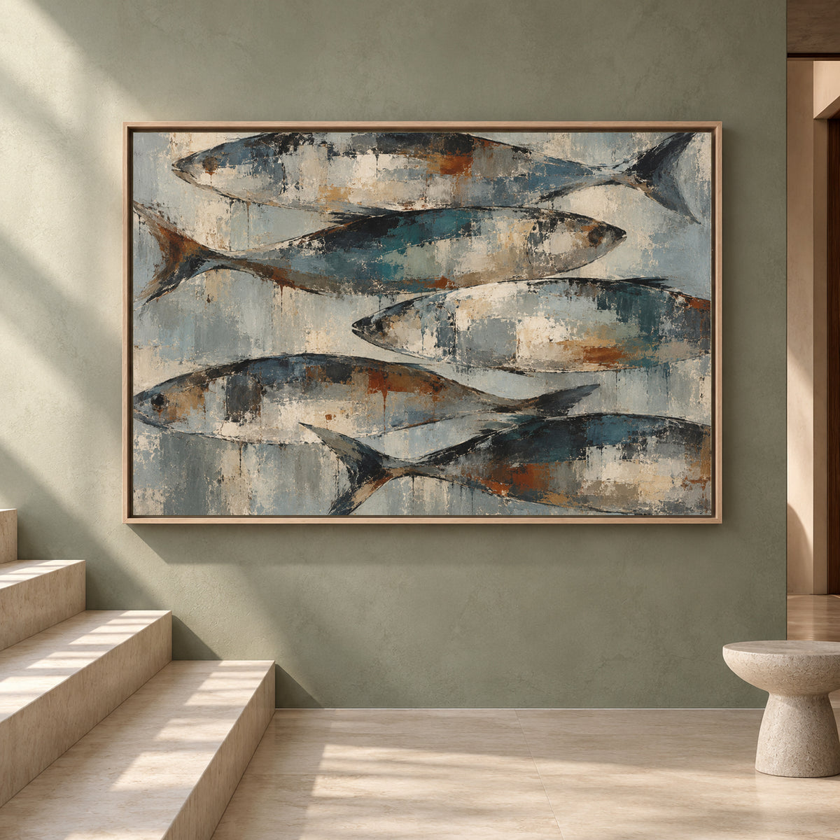 Modern Fish Canvas Art with Rustic Blue and Earthy Tones
