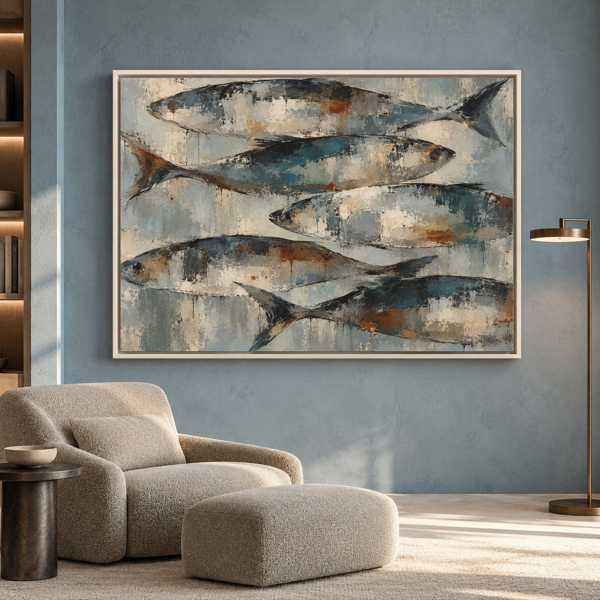 Modern Fish Canvas Art with Rustic Blue and Earthy Tones