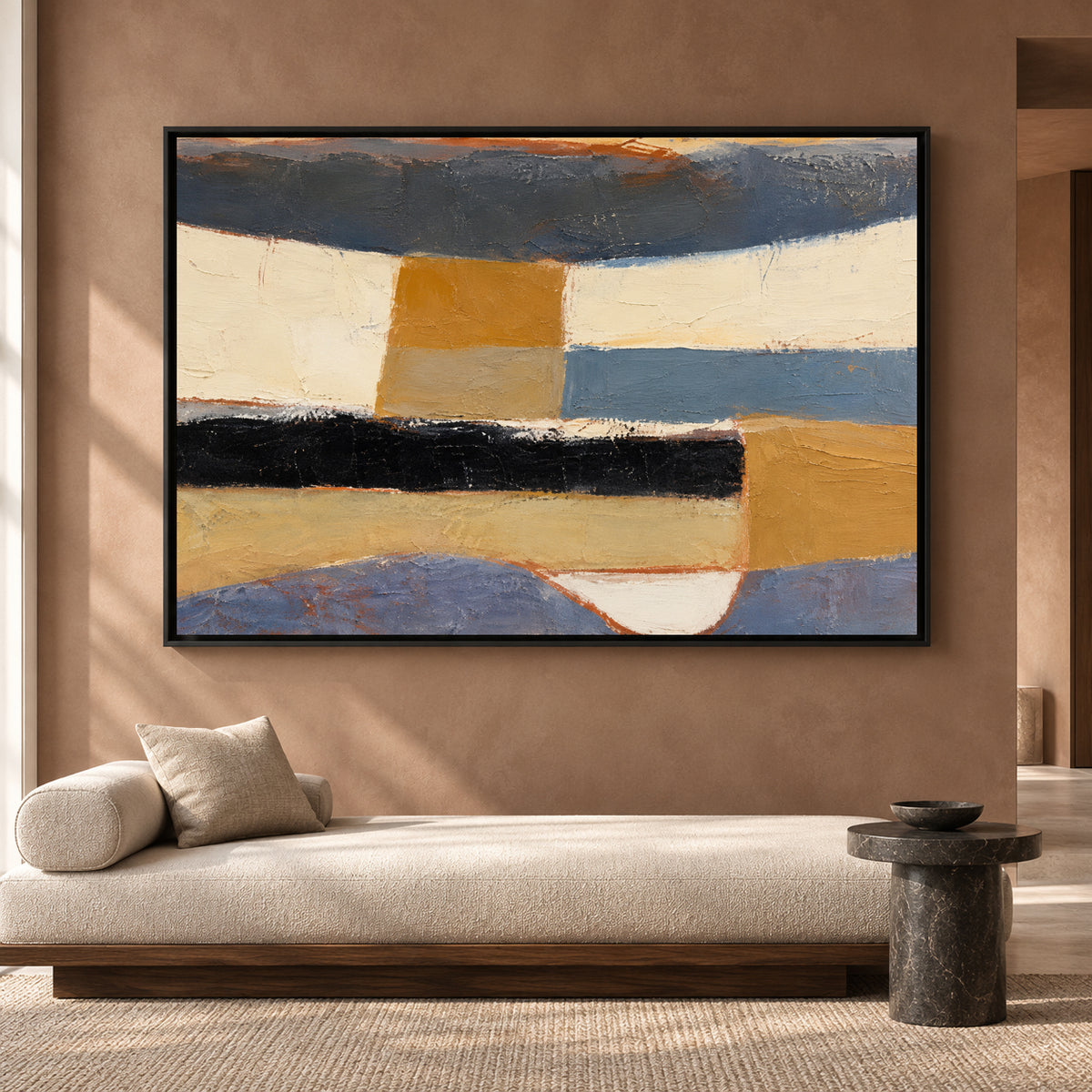 Modern Geometric Abstract Canvas Art in Blue Ochre and Black