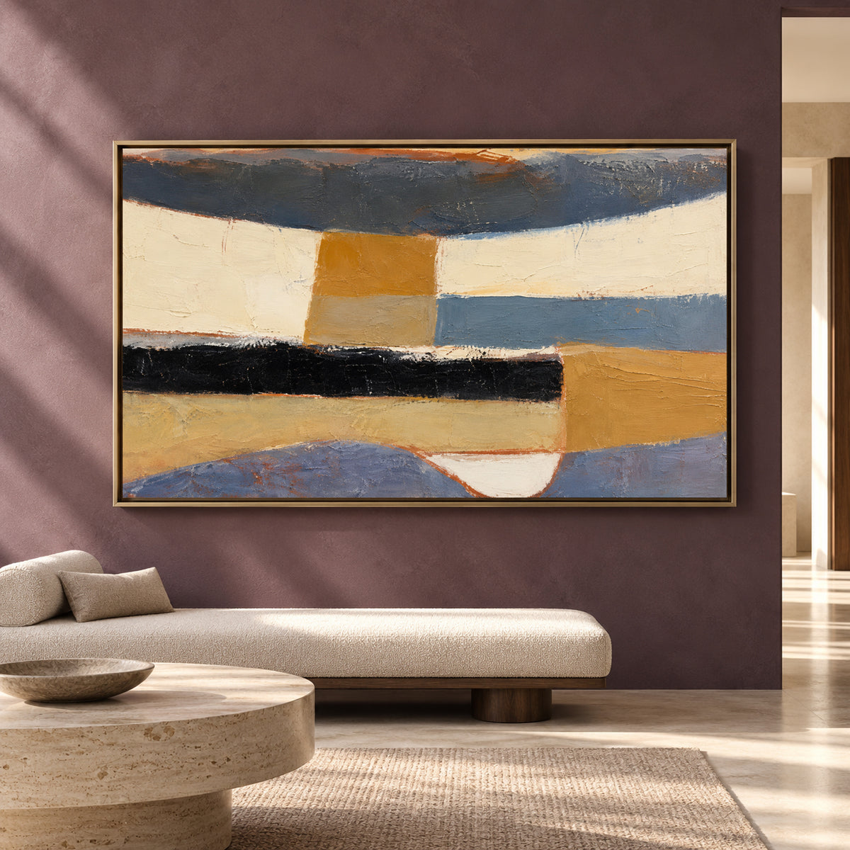 Modern Geometric Abstract Canvas Art in Blue Ochre and Black