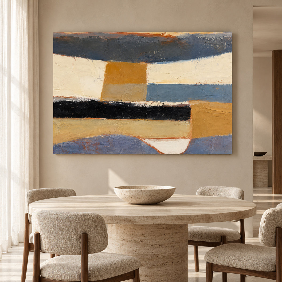 Modern Geometric Abstract Canvas Art in Blue Ochre and Black