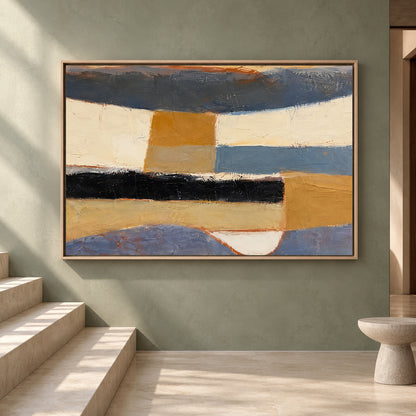 Modern Geometric Abstract Canvas Art in Blue Ochre and Black