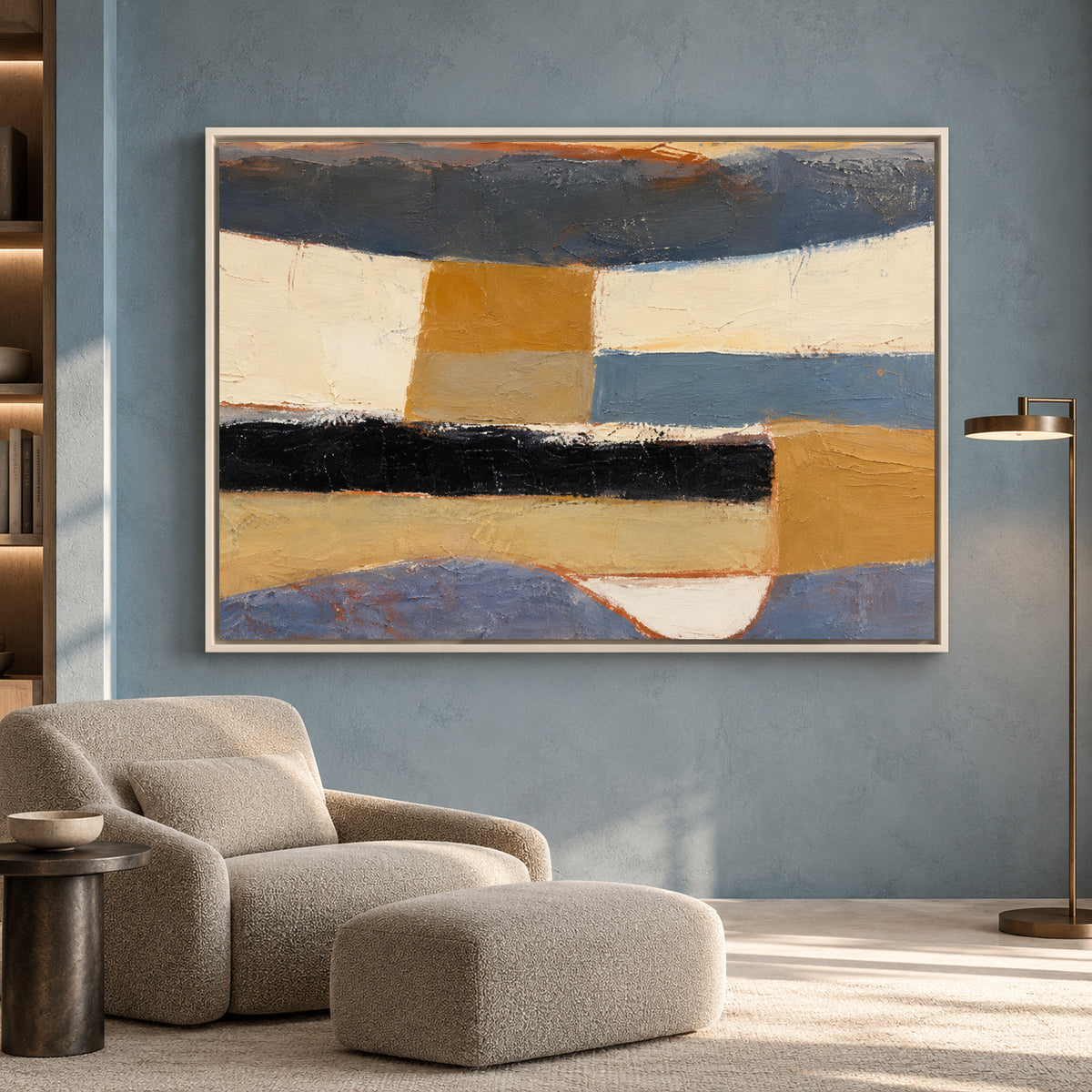 Modern Geometric Abstract Canvas Art in Blue Ochre and Black