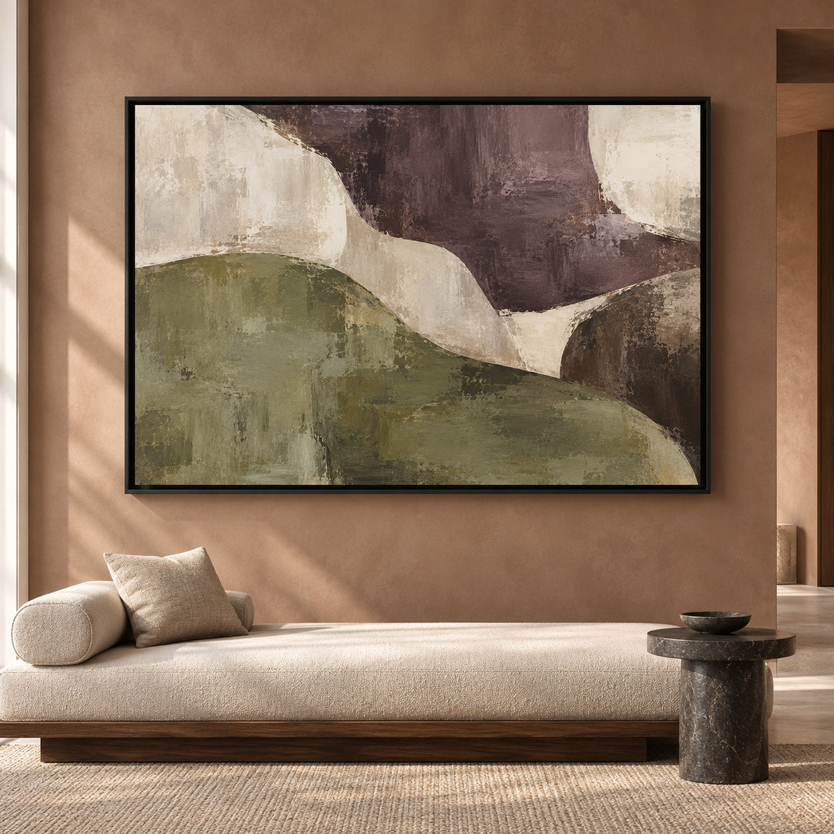 Organic Abstract Canvas Art in Olive Green and Deep Plum