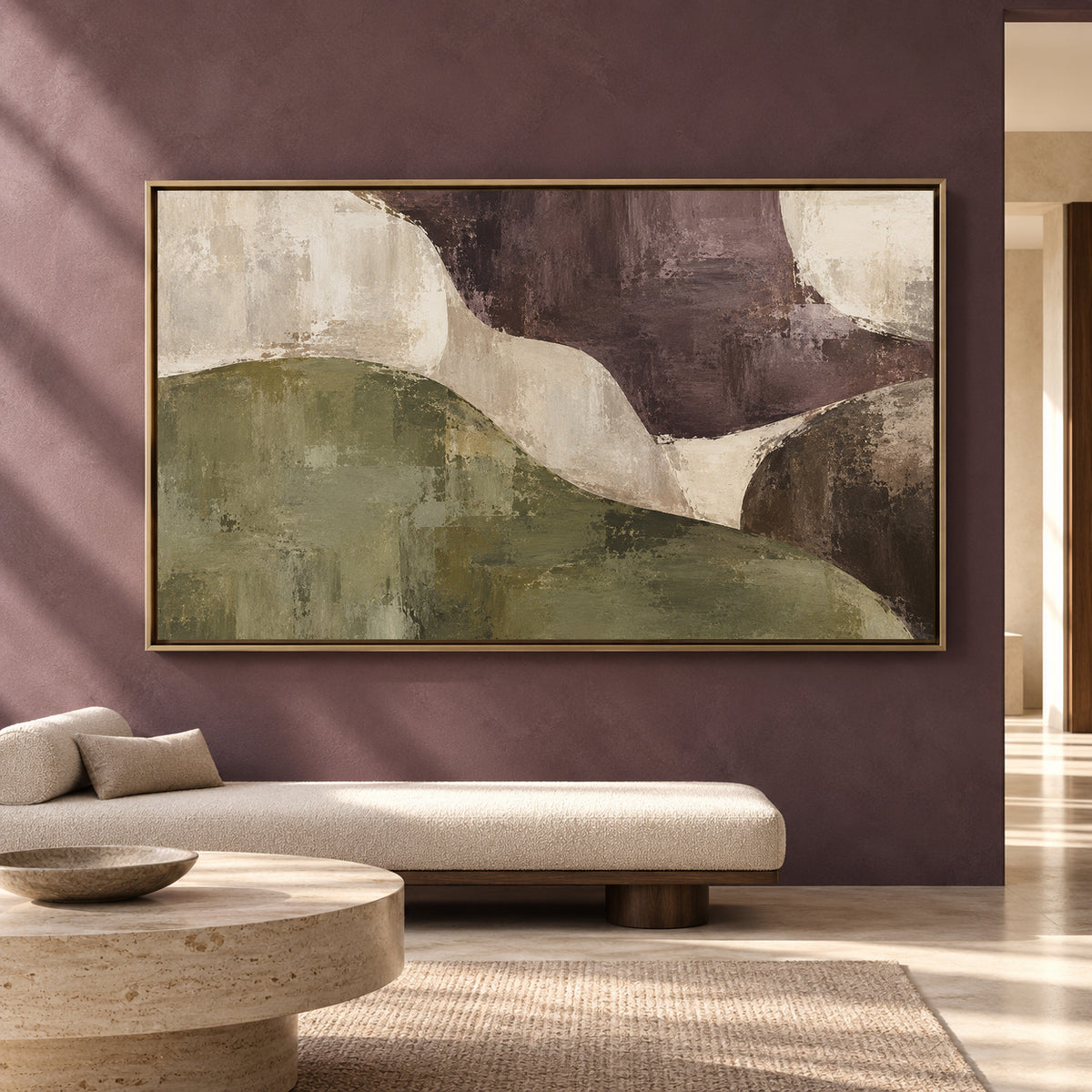 Organic Abstract Canvas Art in Olive Green and Deep Plum