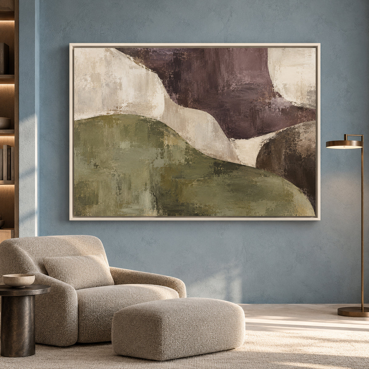 Organic Abstract Canvas Art in Olive Green and Deep Plum