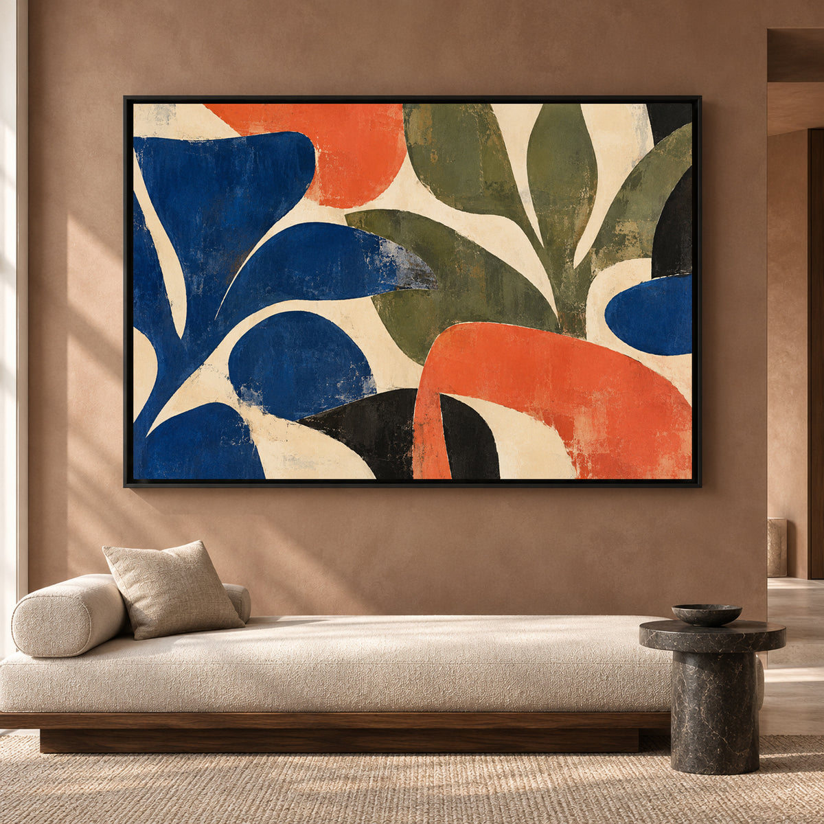 Modern Botanical Abstract Canvas Art in Blue Olive and Coral