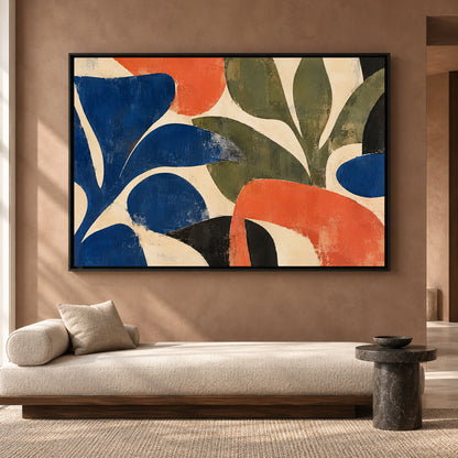 Modern Botanical Abstract Canvas Art in Blue Olive and Coral