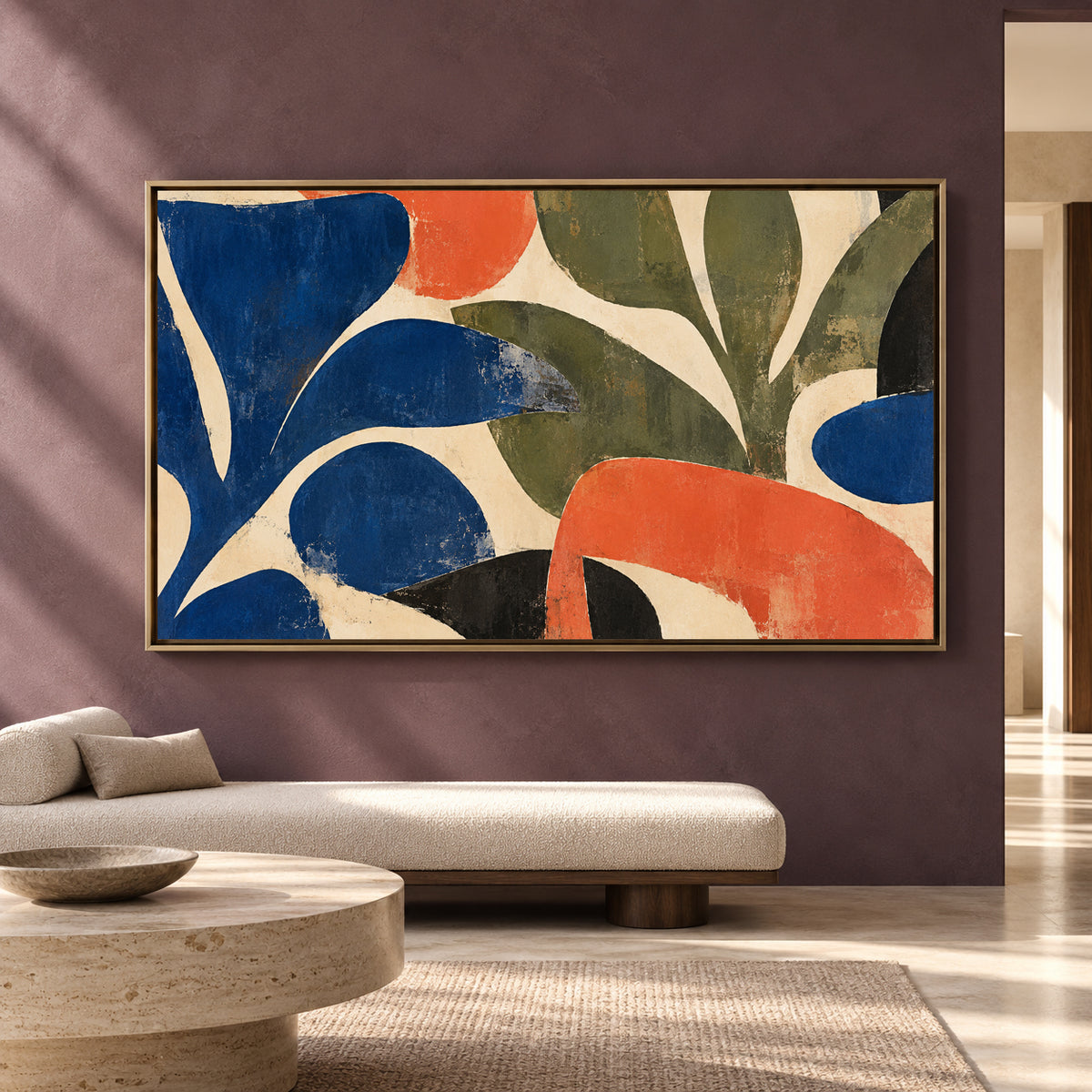 Modern Botanical Abstract Canvas Art in Blue Olive and Coral