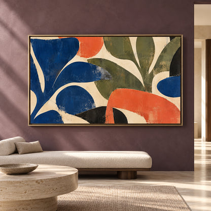 Modern Botanical Abstract Canvas Art in Blue Olive and Coral