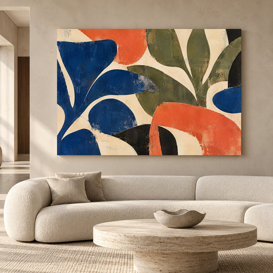 Modern Botanical Abstract Canvas Art in Blue Olive and Coral
