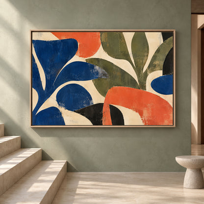 Modern Botanical Abstract Canvas Art in Blue Olive and Coral