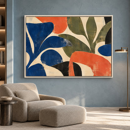 Modern Botanical Abstract Canvas Art in Blue Olive and Coral