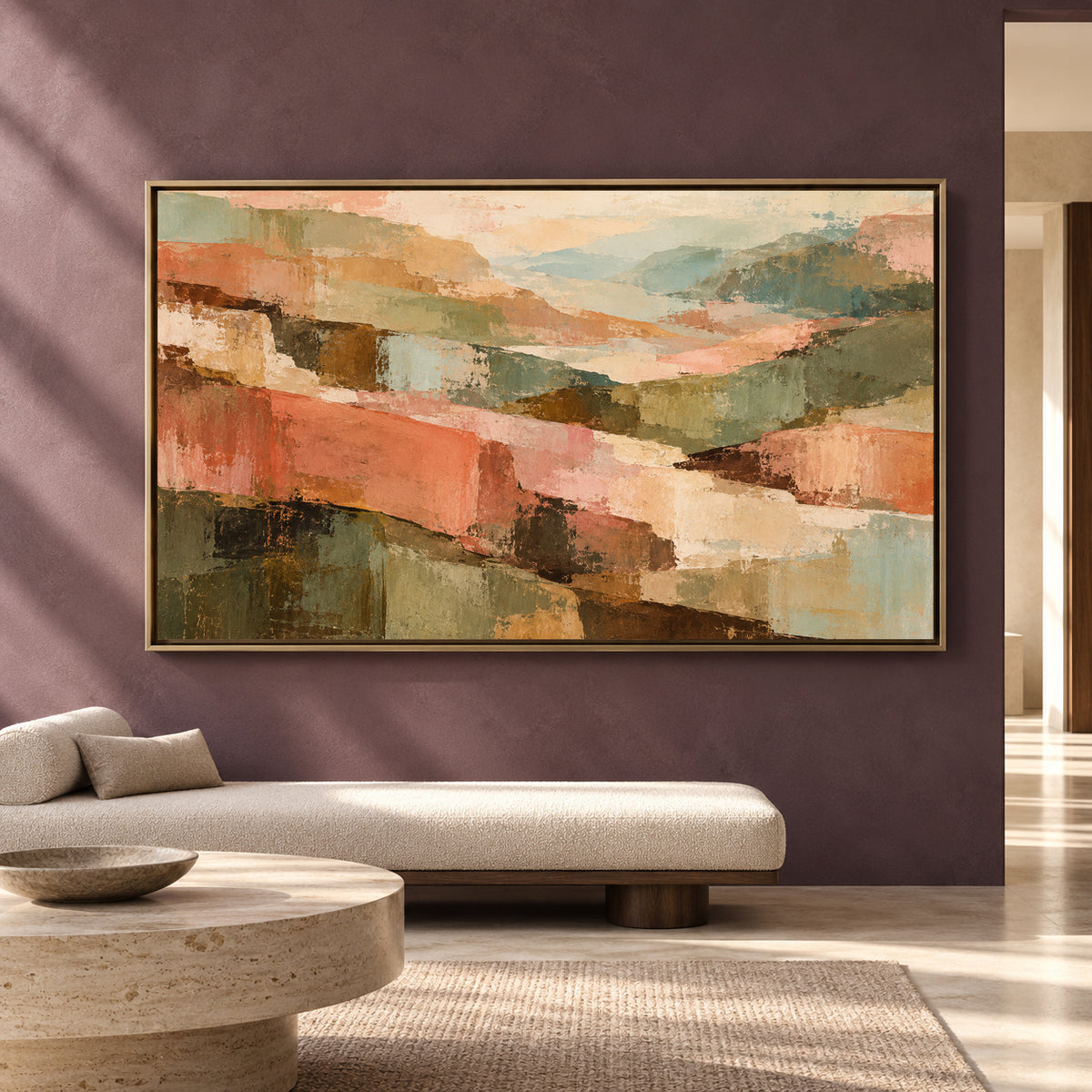 Pastel Abstract Landscape Canvas Art in Sage Green and Blush