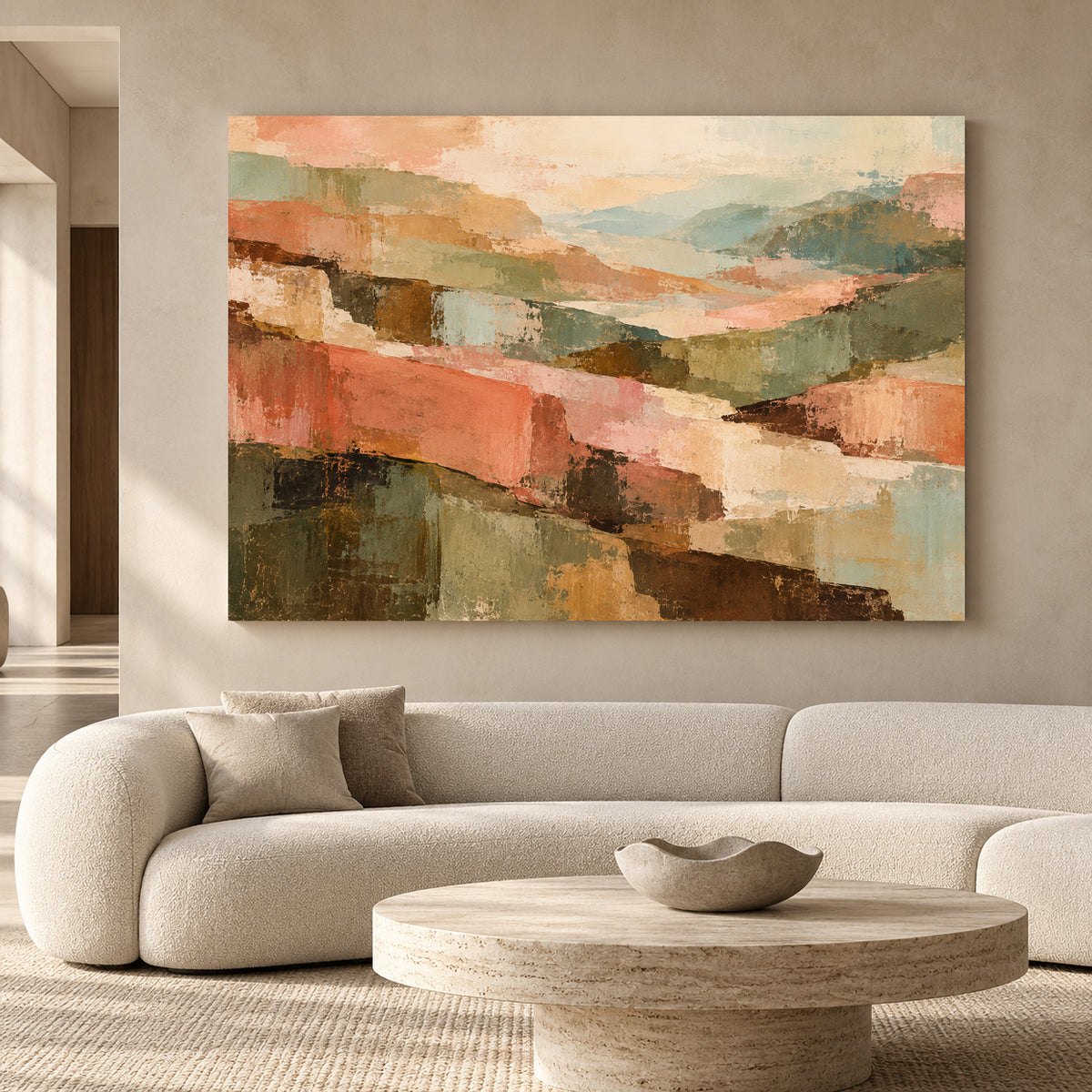 Pastel Abstract Landscape Canvas Art in Sage Green and Blush