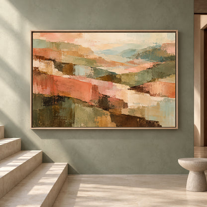 Pastel Abstract Landscape Canvas Art in Sage Green and Blush