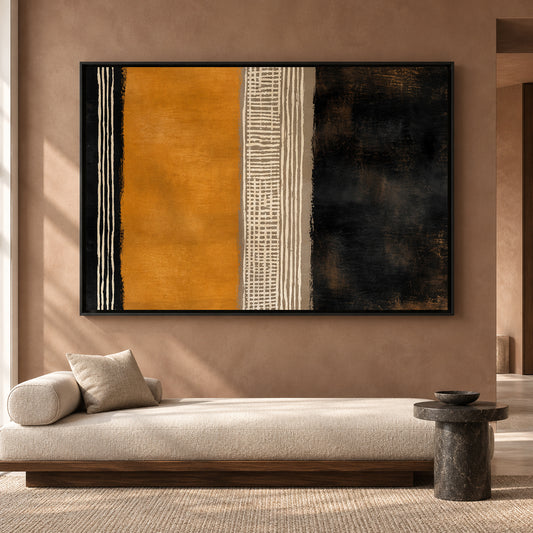 Mustard Black Abstract Canvas Art with Modern Linear Patterns