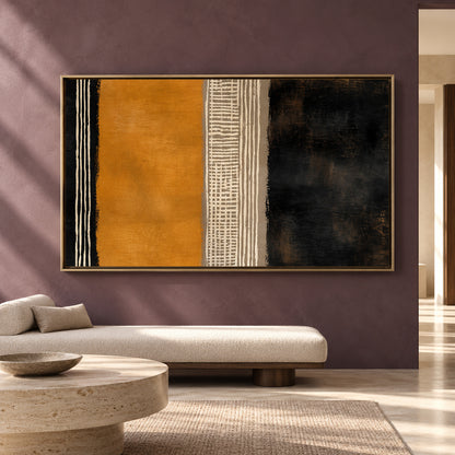 Mustard Black Abstract Canvas Art with Modern Linear Patterns