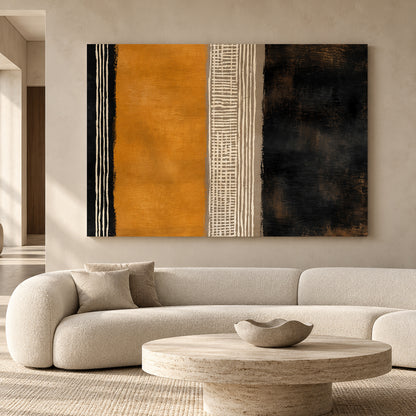 Mustard Black Abstract Canvas Art with Modern Linear Patterns