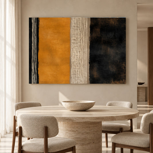 Mustard Black Abstract Canvas Art with Modern Linear Patterns