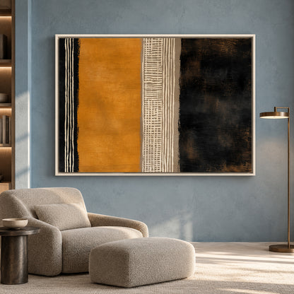 Mustard Black Abstract Canvas Art with Modern Linear Patterns