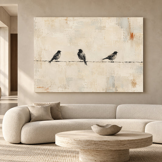 Minimalist Bird Canvas Art with Three Birds on a Wire