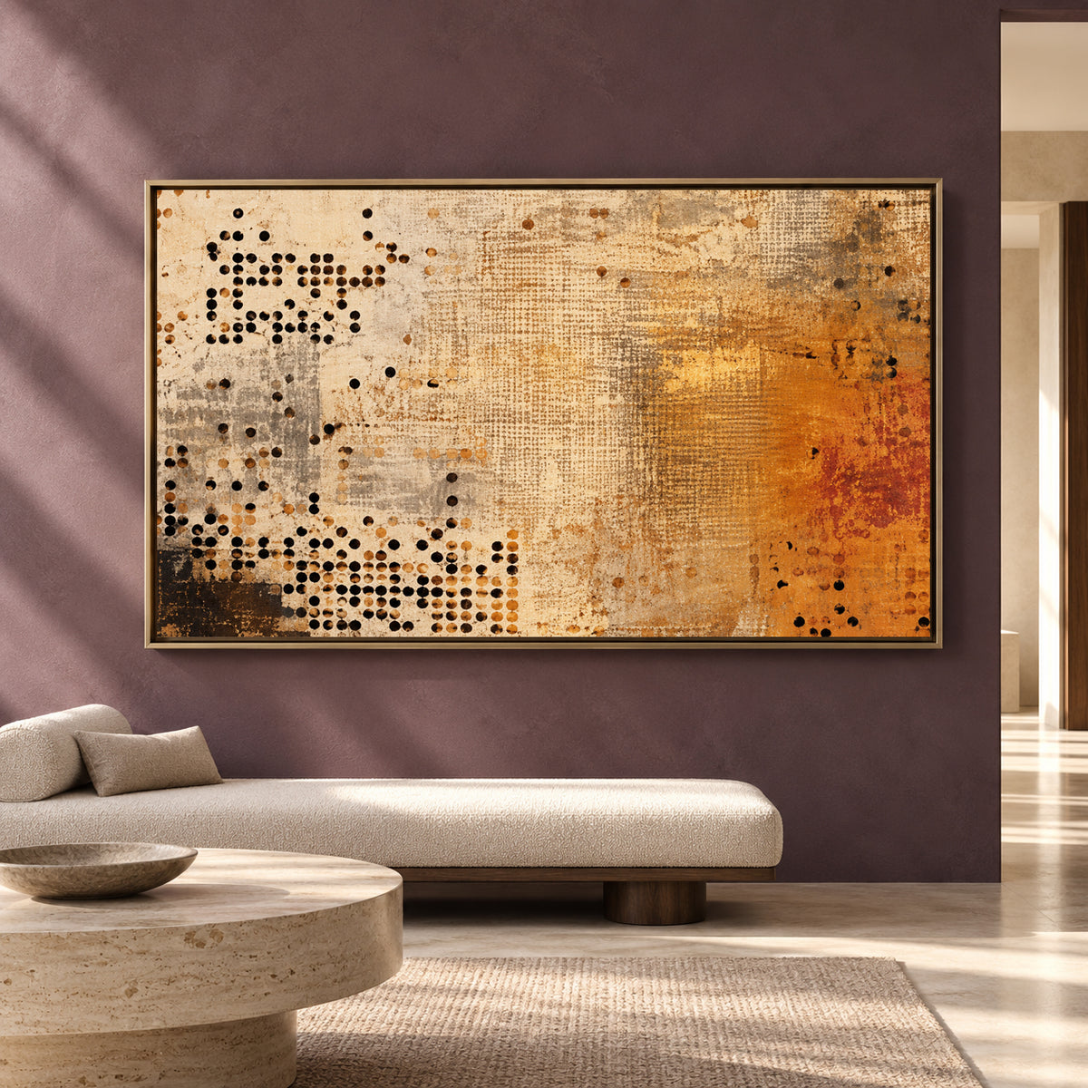 Earthy Ochre Abstract Canvas Art with Contemporary Dot Pattern