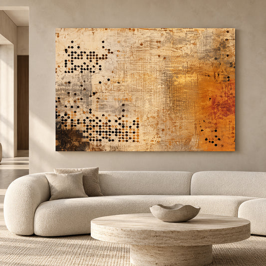 Earthy Ochre Abstract Canvas Art with Contemporary Dot Pattern