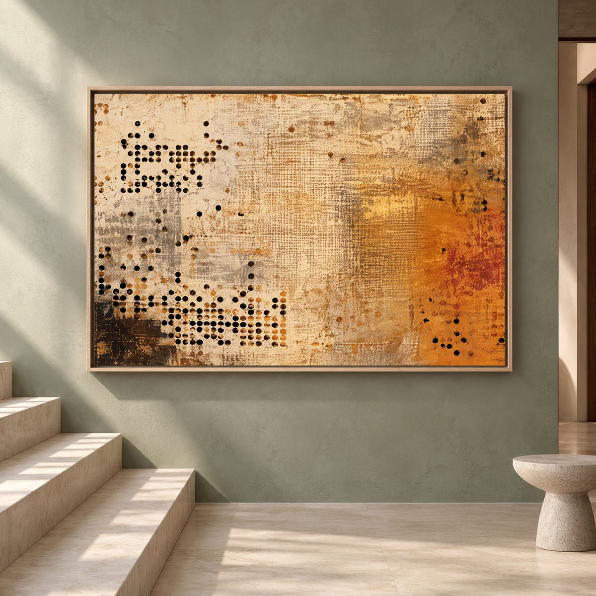 Earthy Ochre Abstract Canvas Art with Contemporary Dot Pattern