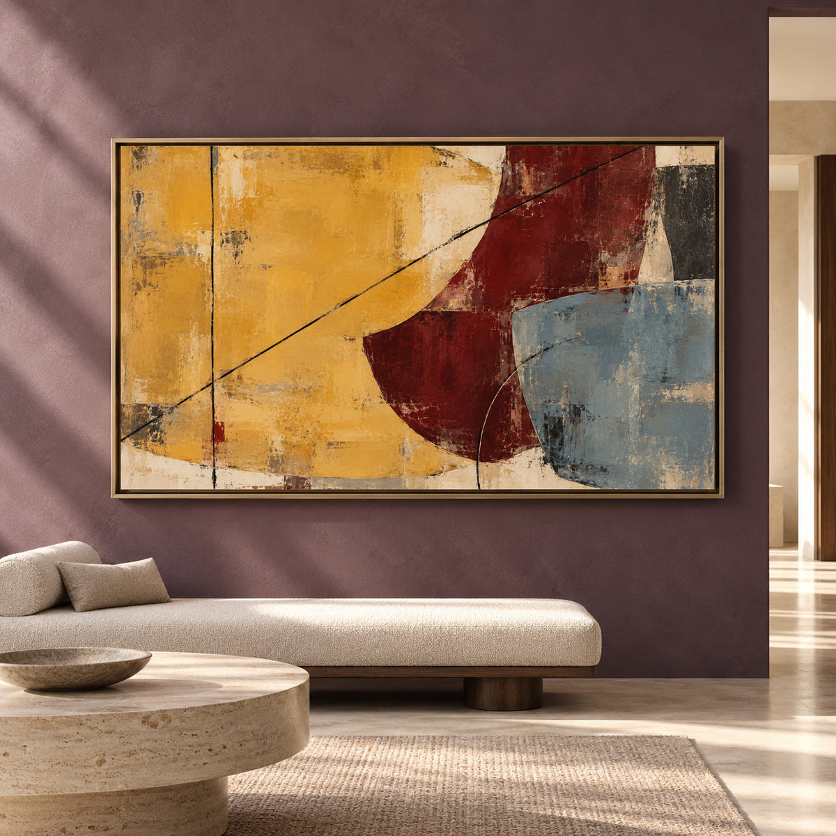 Mustard Burgundy Abstract Canvas Art for Modern Interiors