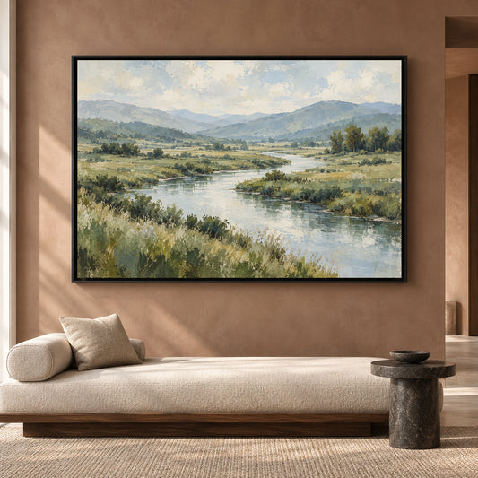 Peaceful River Valley Landscape Canvas Art for Serene Interiors