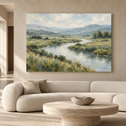 Peaceful River Valley Landscape Canvas Art for Serene Interiors