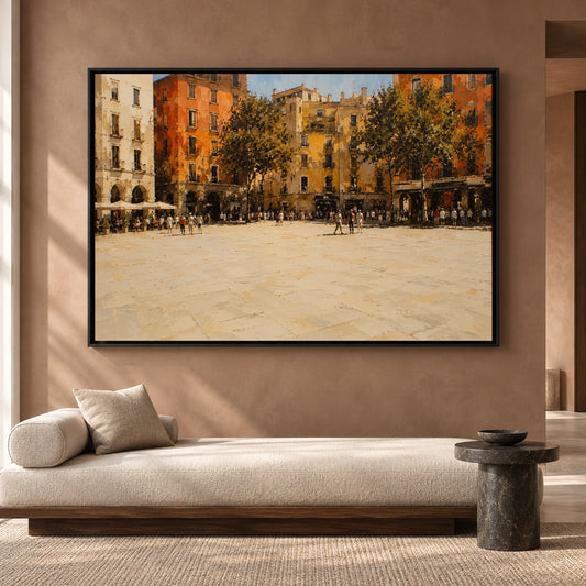 European City Square Canvas Art with Warm Architectural Charm