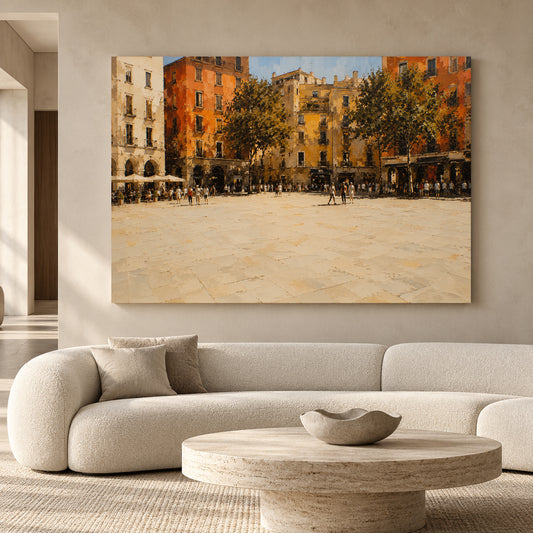 European City Square Canvas Art with Warm Architectural Charm