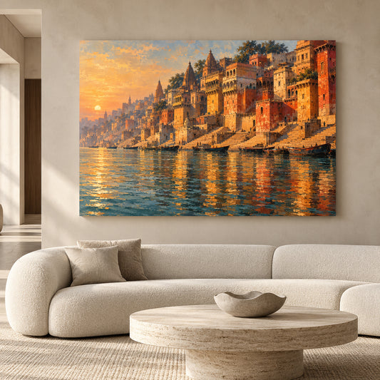 Varanasi Ghats Sunset Canvas Art Ganga River Painting