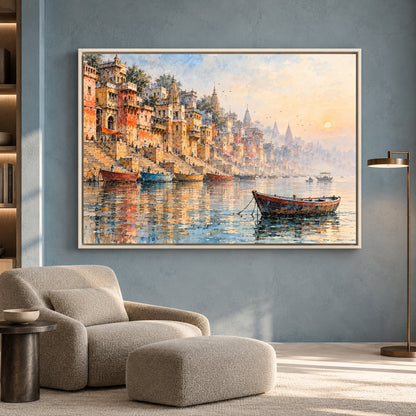 Varanasi Ghats Canvas Art Indian River Cityscape Wall Decor