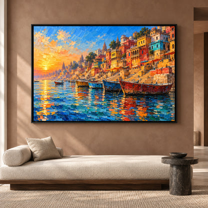 Vibrant Varanasi Ghats Canvas Art Colorful Ganga River Painting
