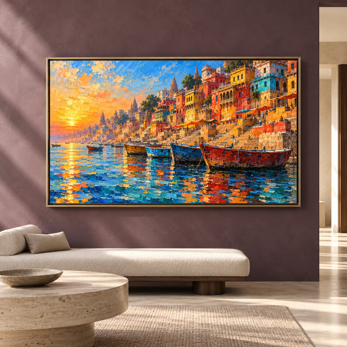 Vibrant Varanasi Ghats Canvas Art Colorful Ganga River Painting
