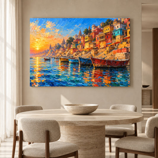 Vibrant Varanasi Ghats Canvas Art Colorful Ganga River Painting