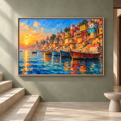 Vibrant Varanasi Ghats Canvas Art Colorful Ganga River Painting